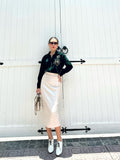 High-Waisted Crocodile Pattern Vegan Leather Midi Skirt