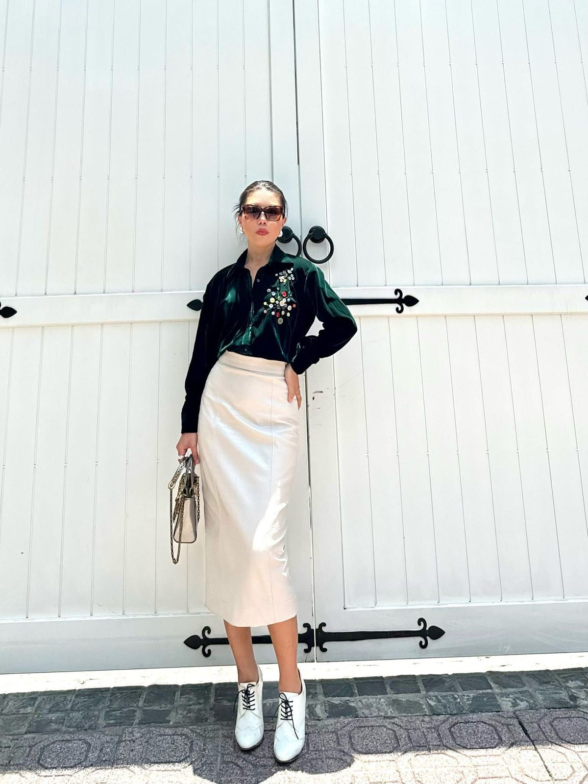 High-Waisted Crocodile Pattern Vegan Leather Midi Skirt