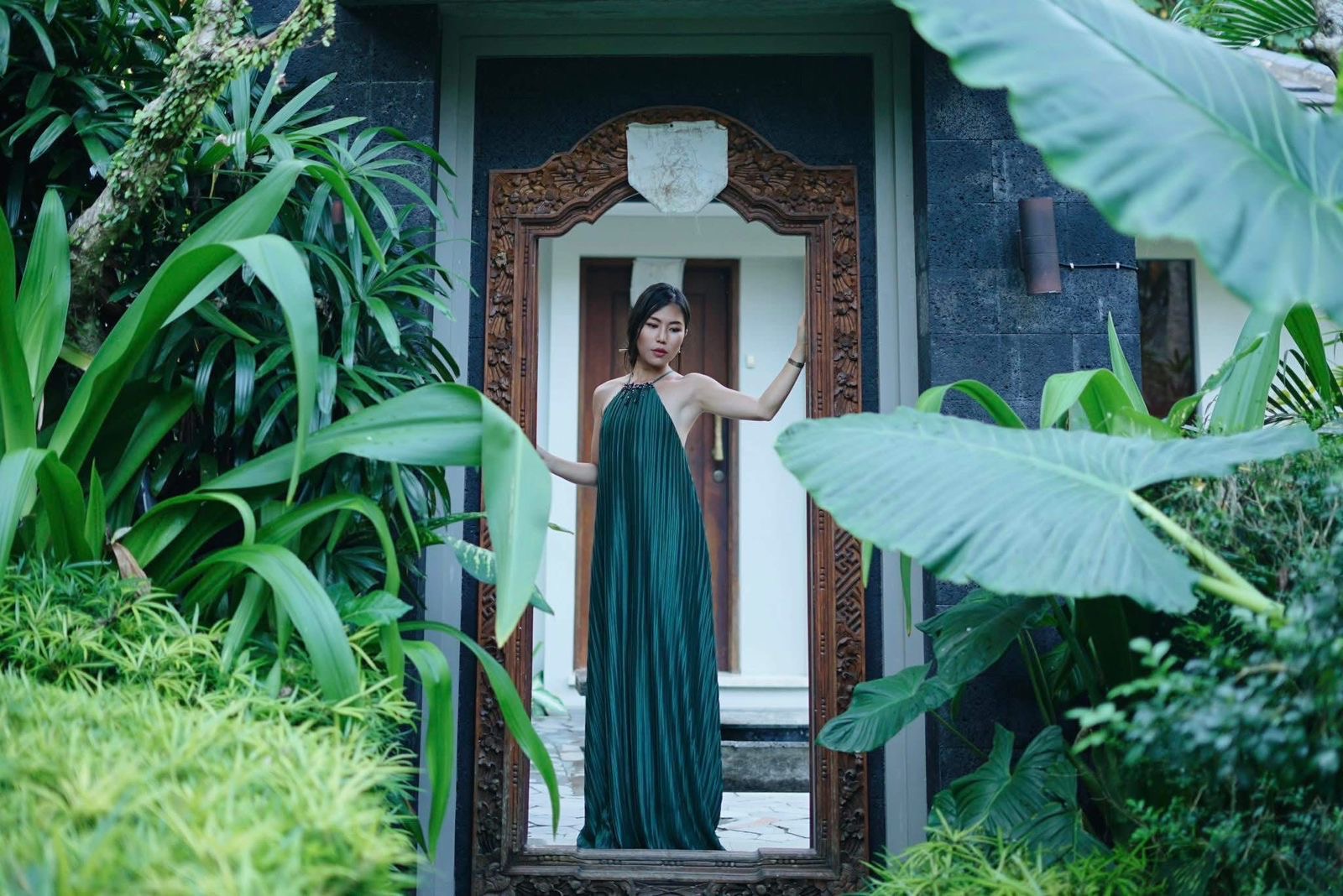 Emerald Pleated Halter Maxi Dress - Crystal Beaded Neckline Resort Dress