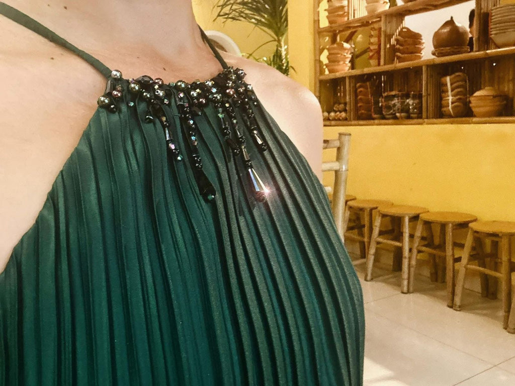 Emerald Pleated Halter Maxi Dress - Crystal Beaded Neckline Resort Dress