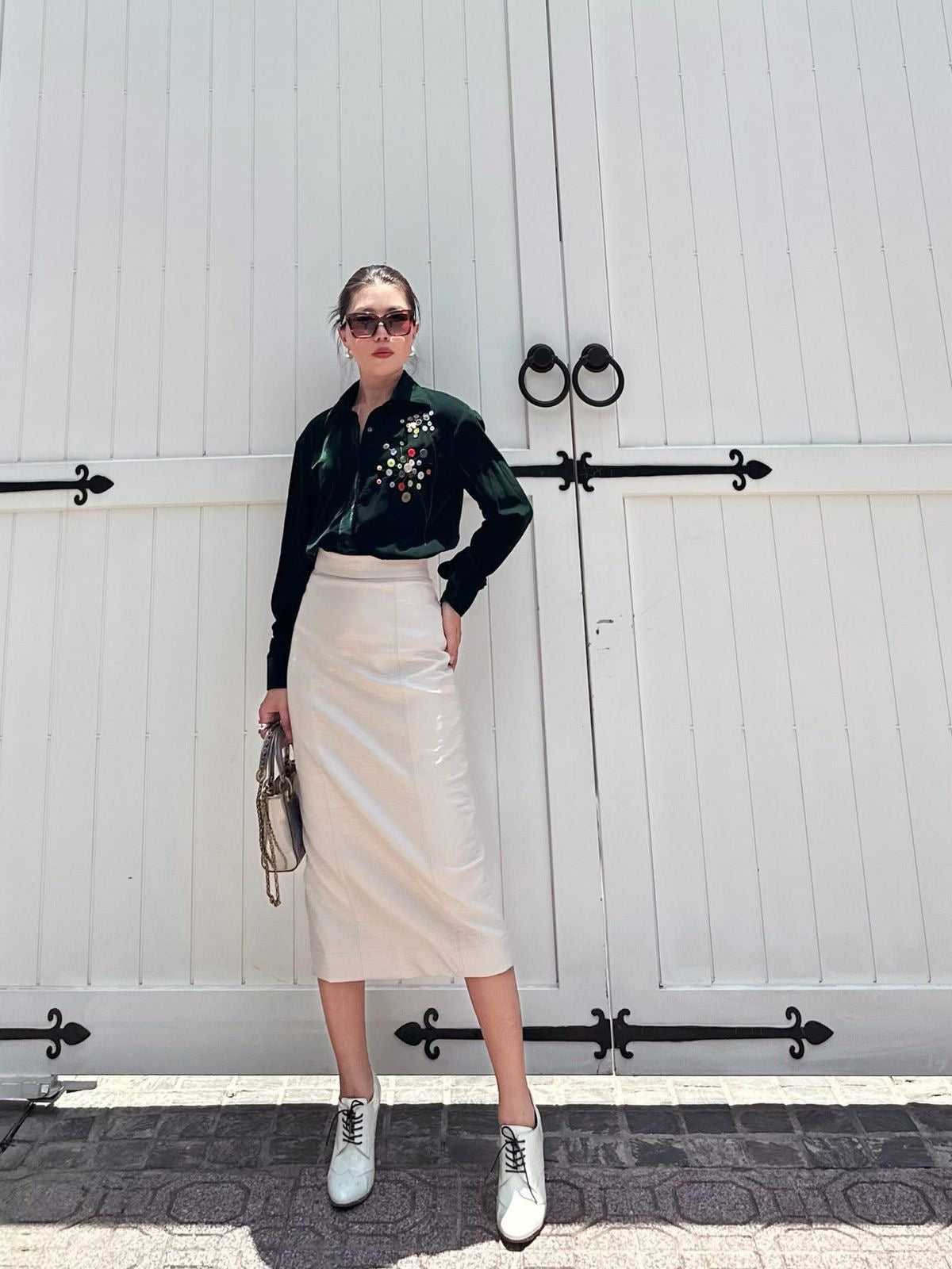 High-Waisted Crocodile Pattern Vegan Leather Midi Skirt