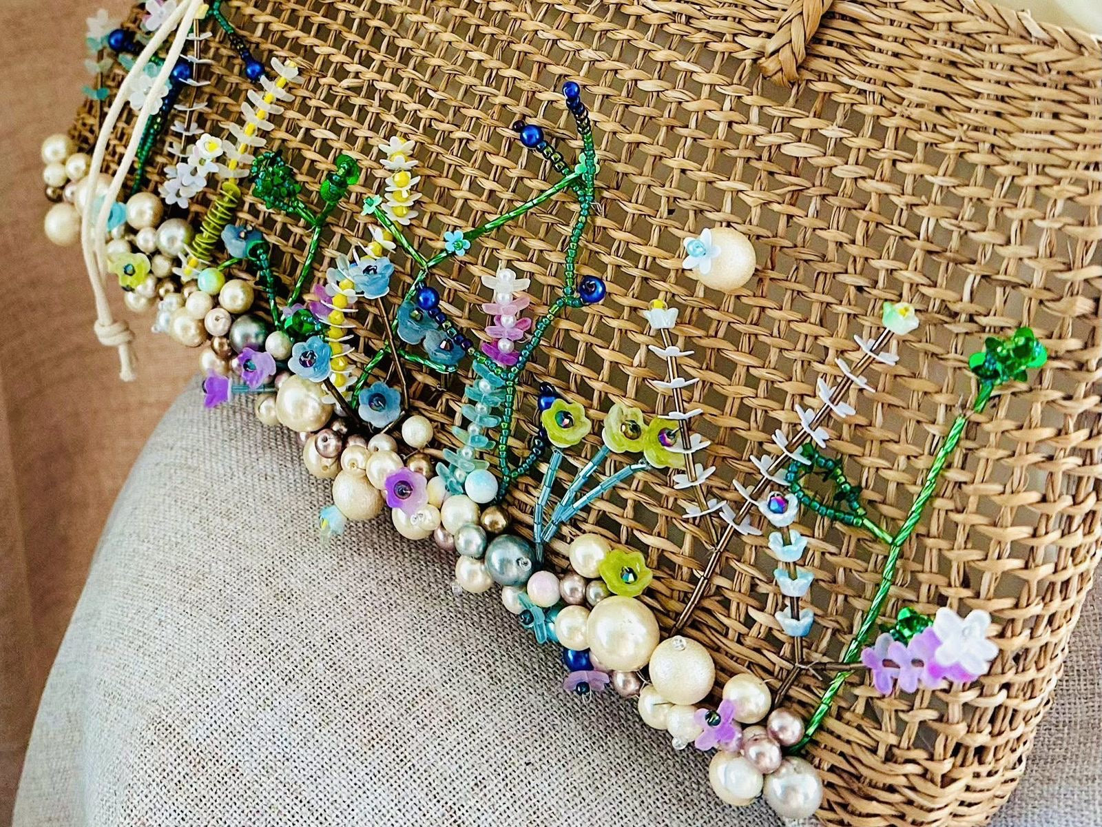 Handmade Natural Material Hand Bag Purse Straw Rattan 3D Woven Floral Tote Cabana Women Colorful Vintage
