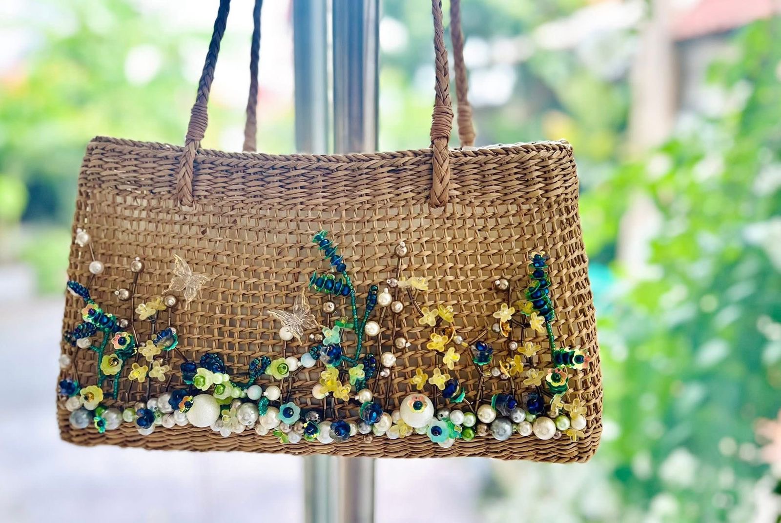 Handmade Natural Material Hand Bag Purse Straw Rattan 3D Woven Floral Tote Cabana Women Colorful Vintage