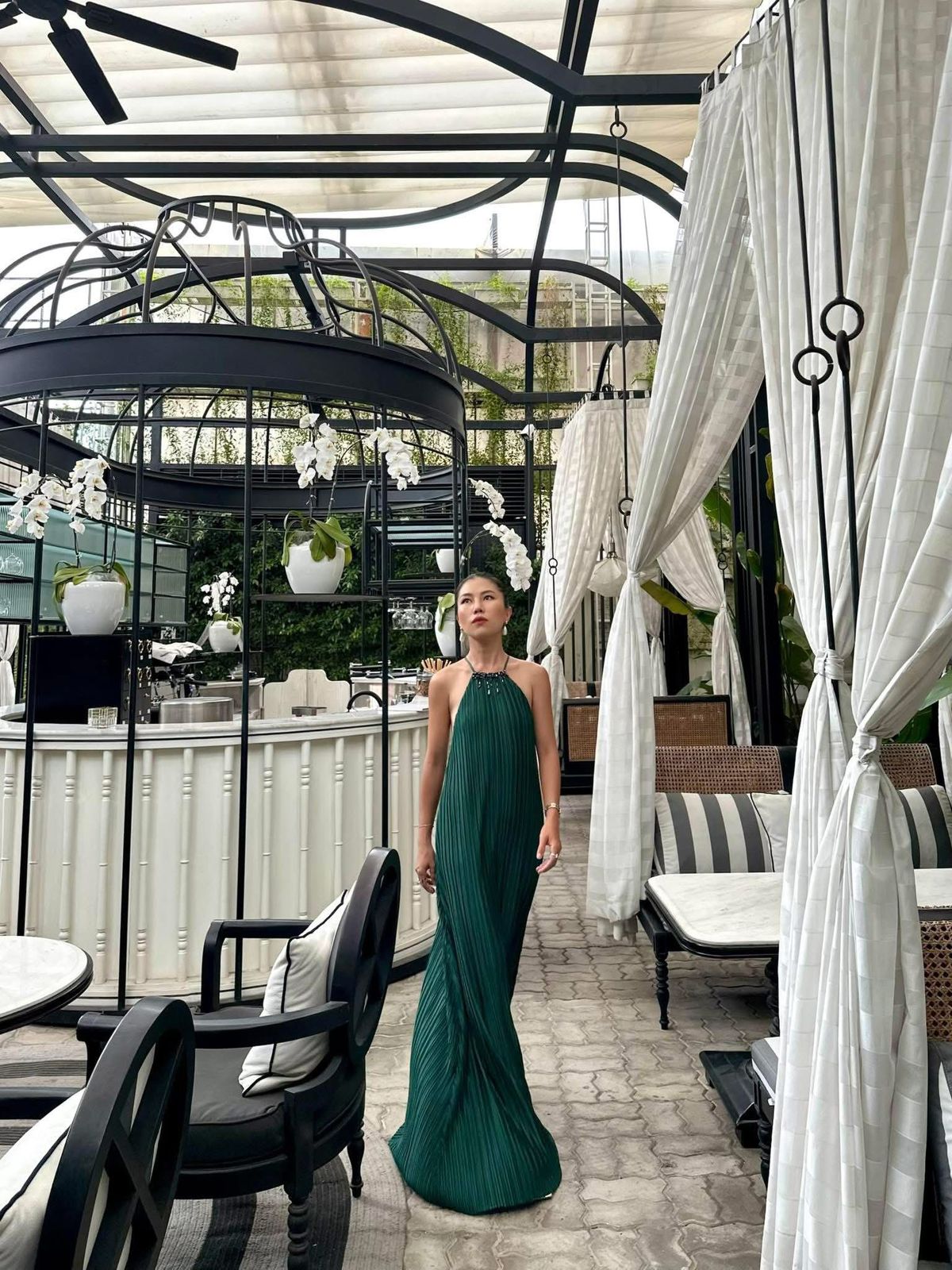 Emerald Pleated Halter Maxi Dress - Crystal Beaded Neckline Resort Dress