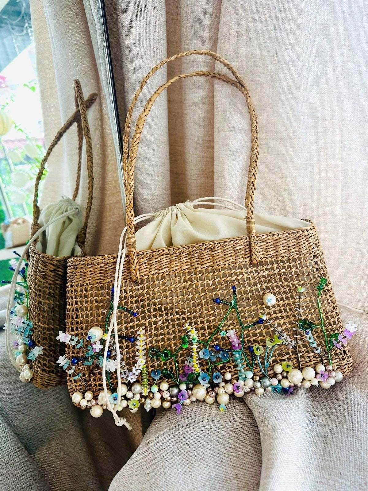 Handmade Natural Material Hand Bag Purse Straw Rattan 3D Woven Floral Tote Cabana Women Colorful Vintage