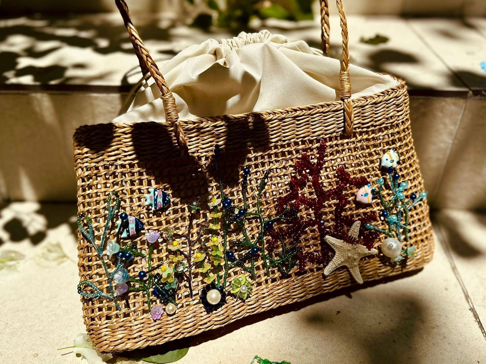 Handmade Natural Material Hand Bag Purse Straw Rattan 3D Woven Floral Tote Cabana Women Colorful Vintage