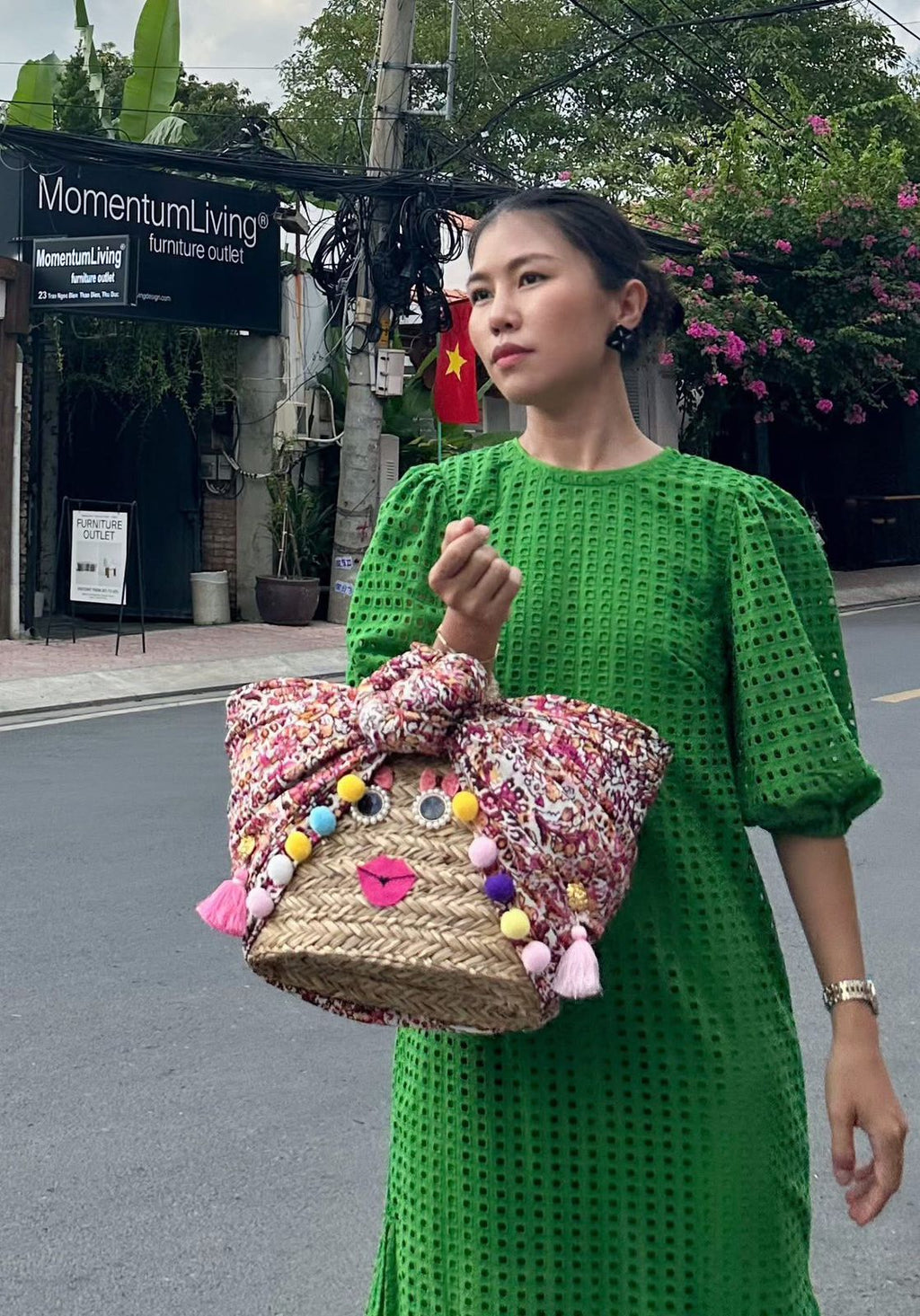 Whimsical Face Woven Handbag
