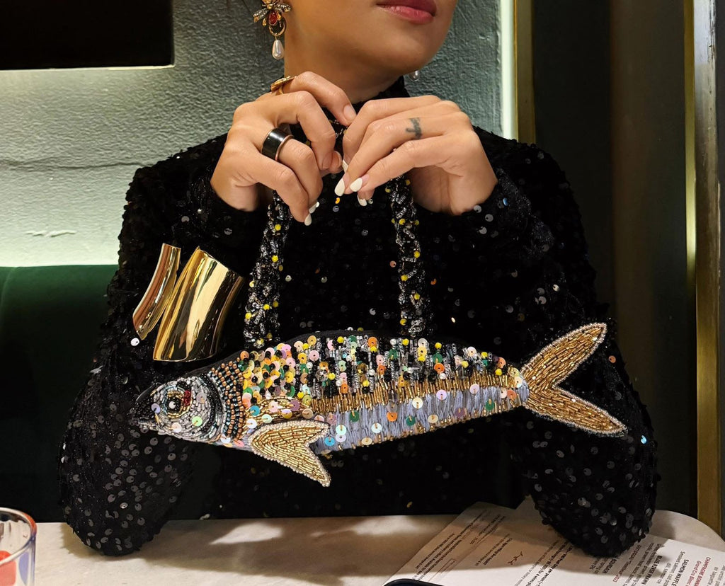Hand-embroidered Top Handle Fish Bag with Beads & Zipper