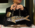 Hand-embroidered Top Handle Fish Bag with Beads & Zipper