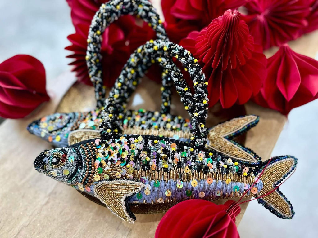 Hand-embroidered Top Handle Fish Bag with Beads & Zipper