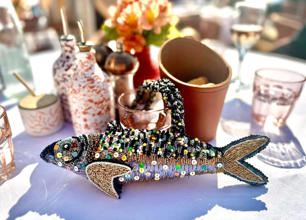 Hand-embroidered Top Handle Fish Bag with Beads & Zipper