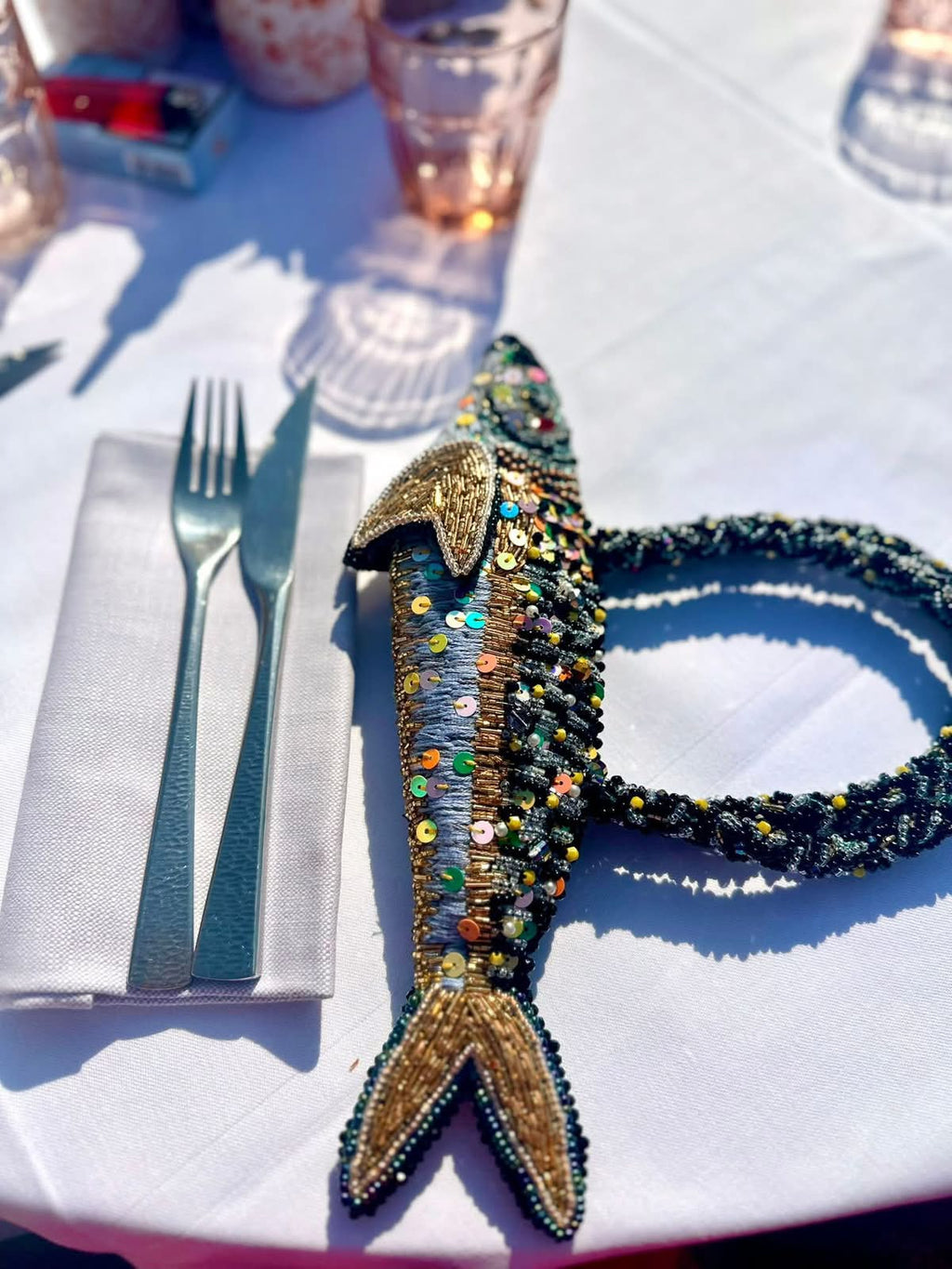 Hand-embroidered Top Handle Fish Bag with Beads & Zipper