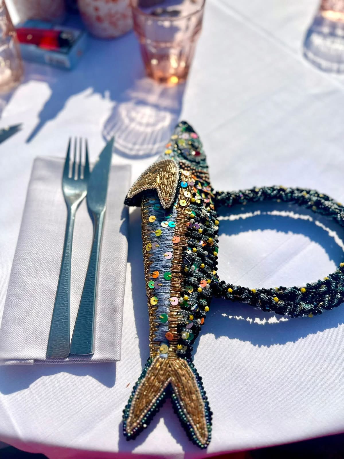 Hand-embroidered Top Handle Fish Bag with Beads & Zipper