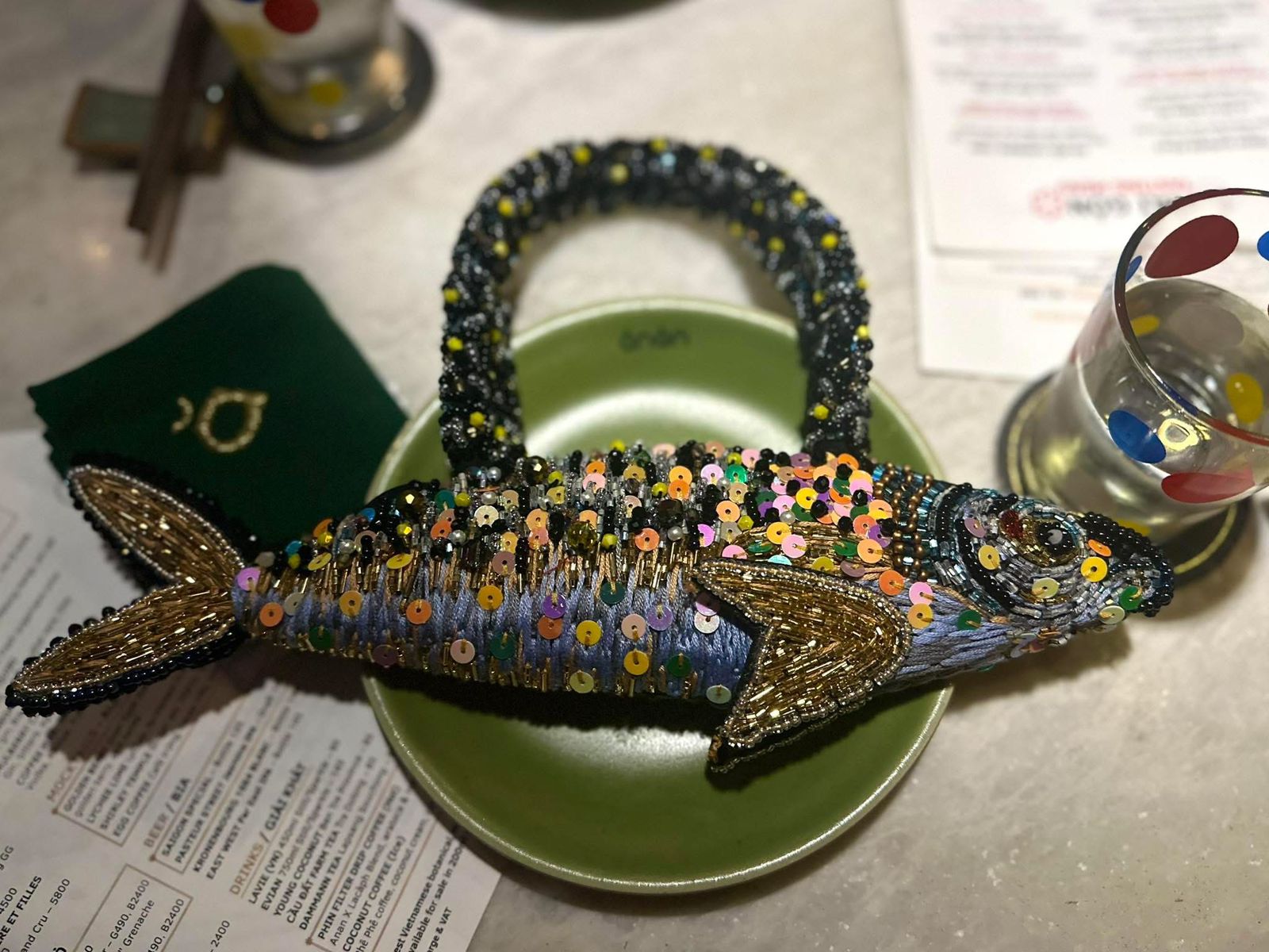 Hand-embroidered Top Handle Fish Bag with Beads & Zipper