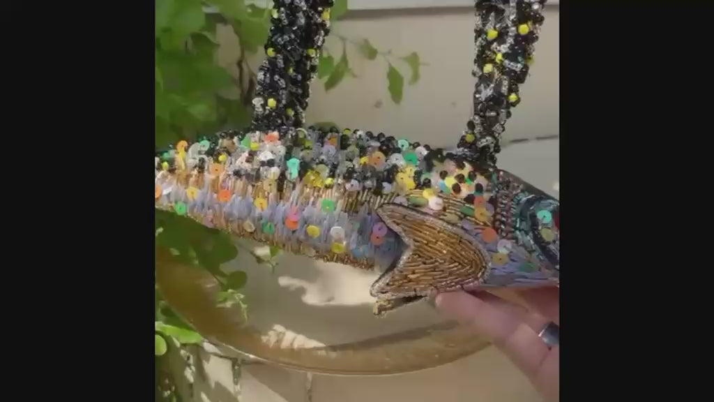 Hand-embroidered Top Handle Fish Bag with Beads & Zipper